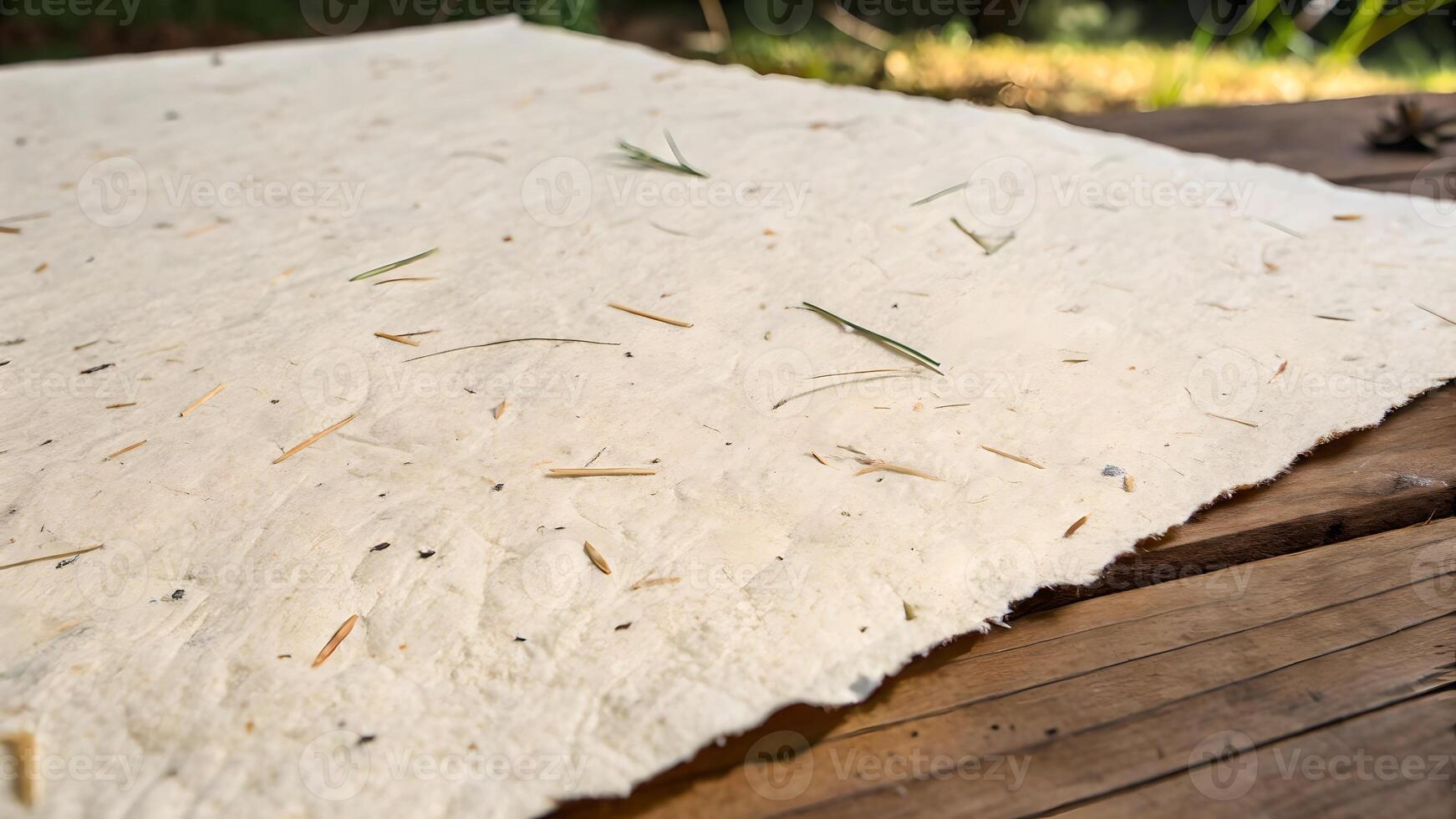 Handmade paper with natural fibers on wooden surface for eco-friendly design projects. This image showcases a rustic, organic texture perfect for sustainable art and craft enthusiasts. photo