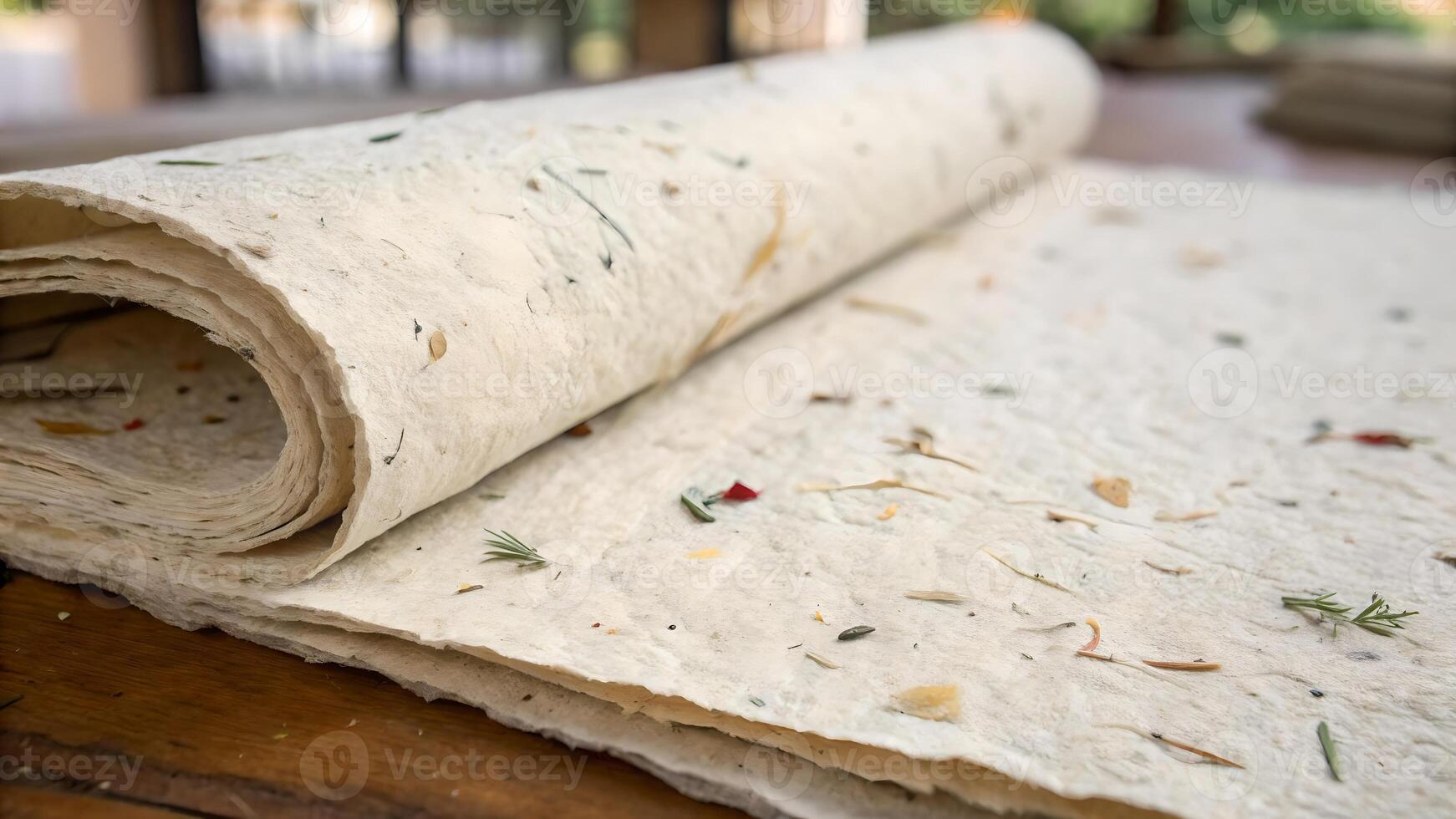 Handmade paper roll with natural fibers on wooden table for eco-friendly crafters. Discover the rustic charm of artisanal paper perfect for sustainable projects and creative designs. photo