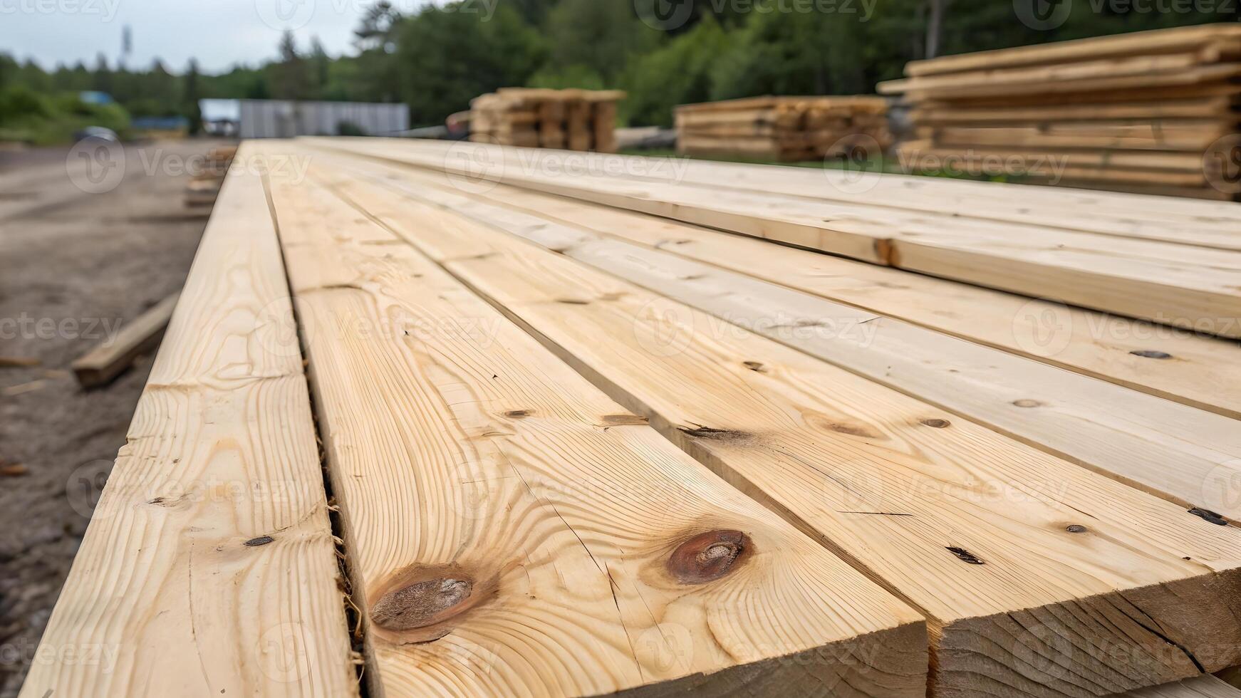 Stacked wooden planks neatly arranged in a lumberyard for builders and DIY enthusiasts seeking high-quality construction materials photo