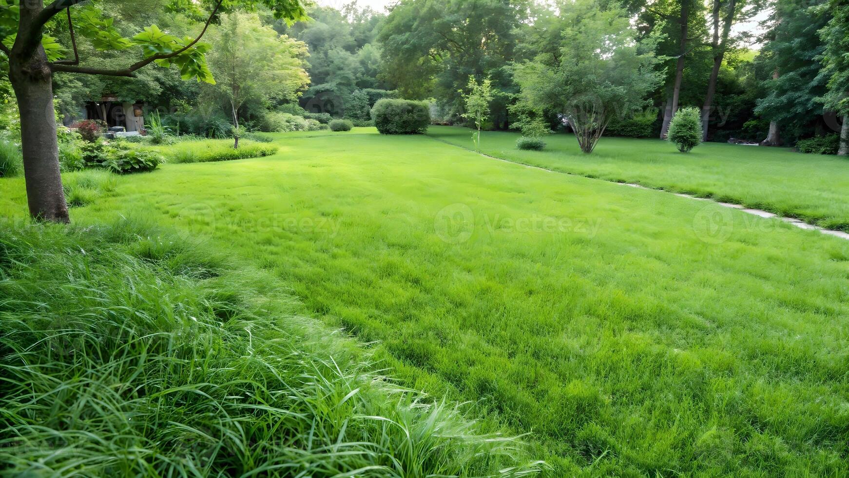 Lush Green Lawn Perfectly Manicured Backyard Scene for Homeowners Seeking Garden Inspiration and Relaxation Spaces photo