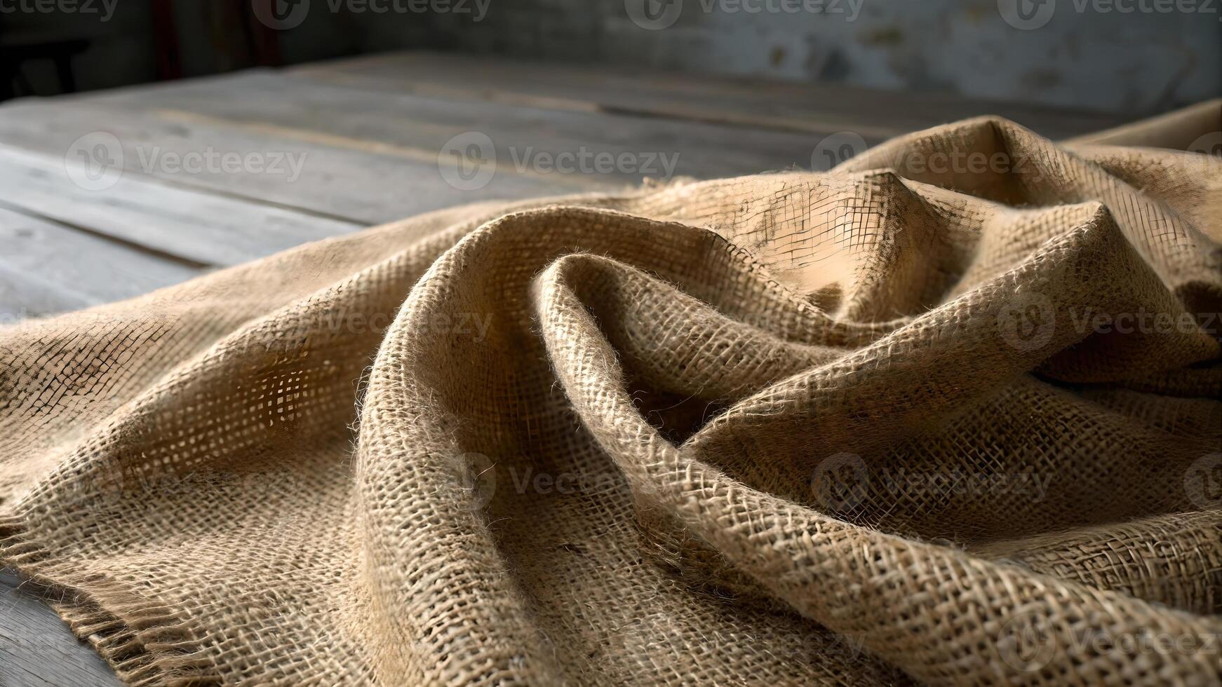 Burlap Fabric Textured Close-Up on Rustic Table for Home Decor Enthusiasts and Interior Designers Seeking Natural Elements photo