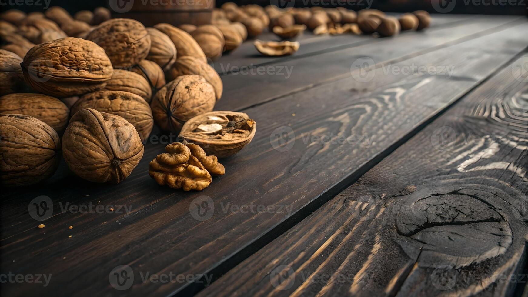 Walnuts on rustic wooden table, high-quality close-up shot for food bloggers and recipe creators seeking natural, organic ingredients imagery to enhance their content with a touch of earthy elegance. photo