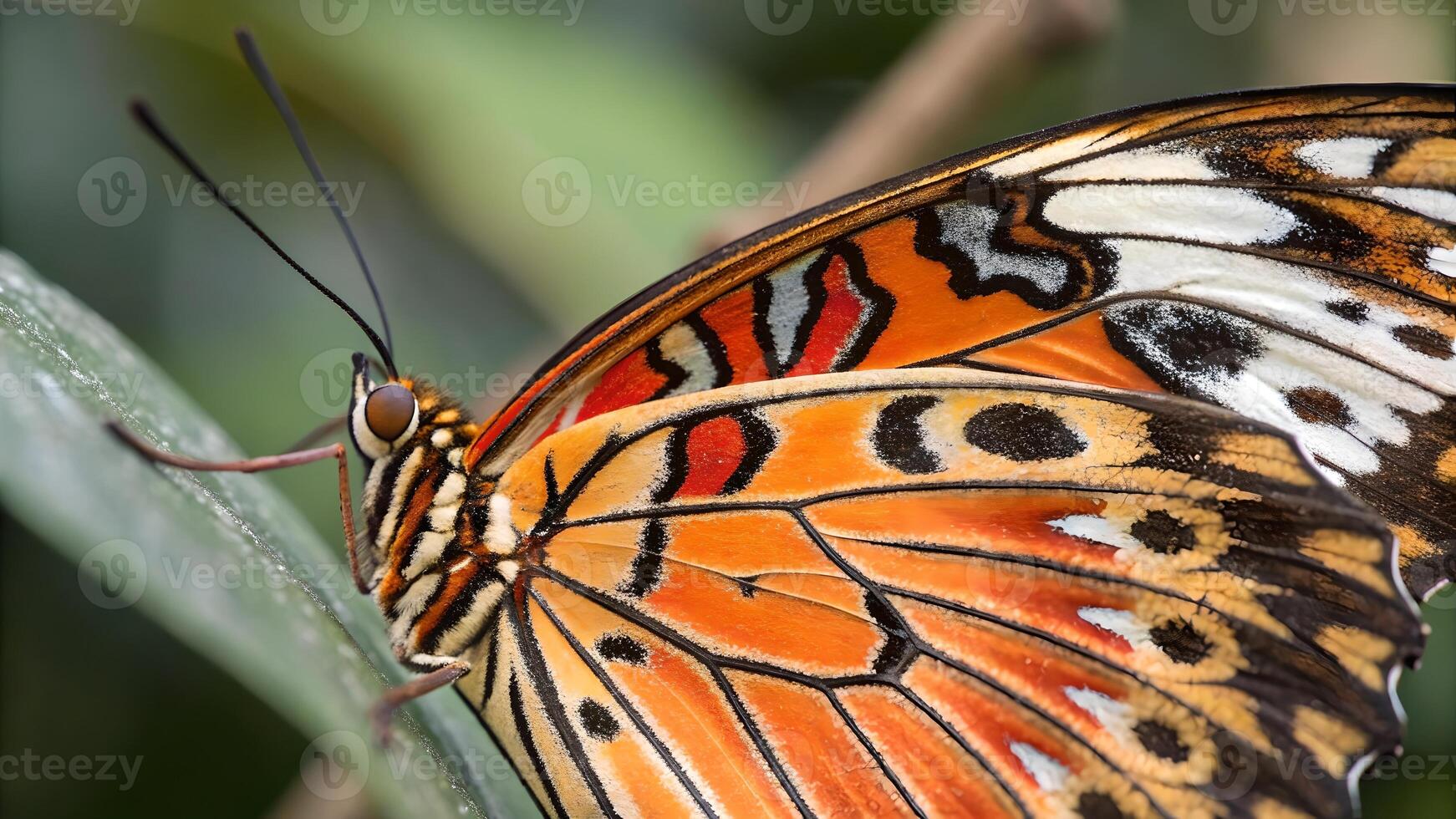 Vibrant Monarch Butterfly Resting on Green Leaf for Nature Enthusiasts and Wildlife Photography Lovers, Detailed Close-Up Shot Perfect for Educational Content and Artistic Projects photo