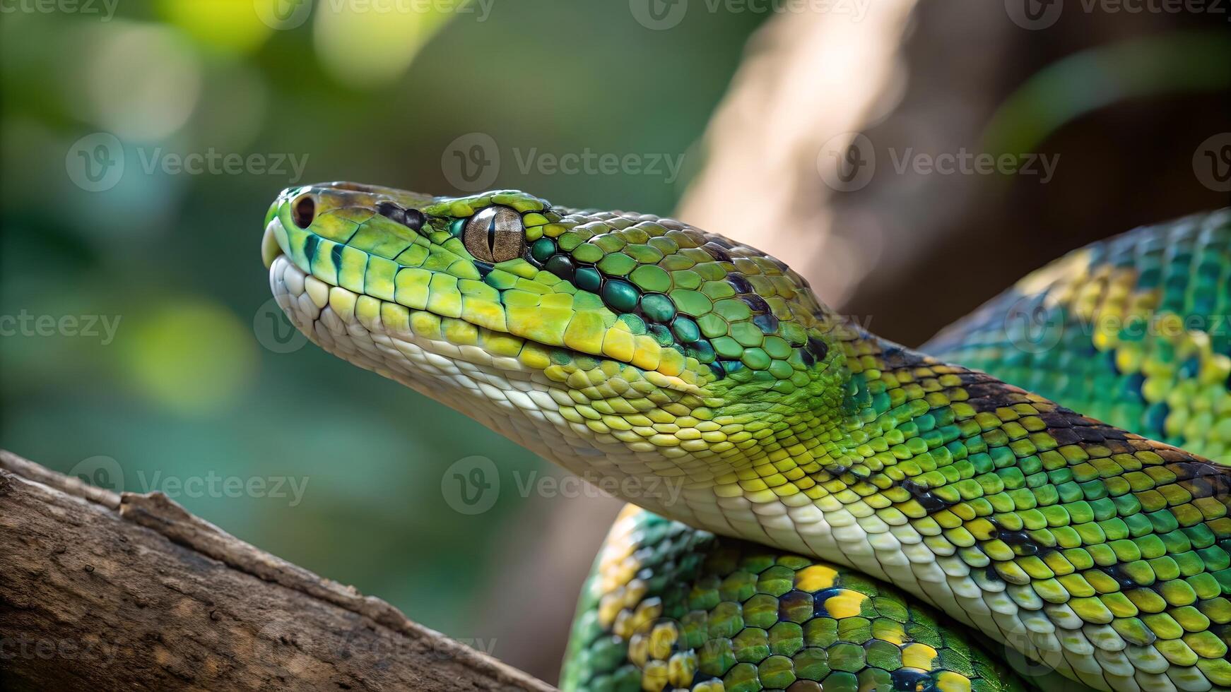 Vibrant Green Python Snake Close-Up in Natural Habitat for Nature Enthusiasts and Wildlife Photographers photo