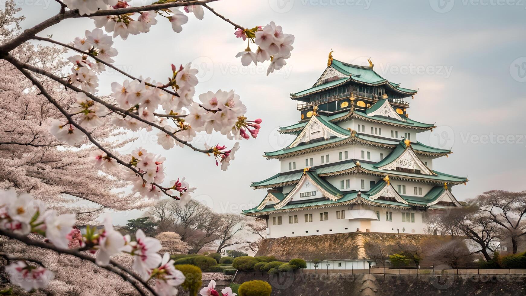 Cherry Blossoms Framing Osaka Castle in Springtime for Travel Enthusiasts and Photography Lovers photo