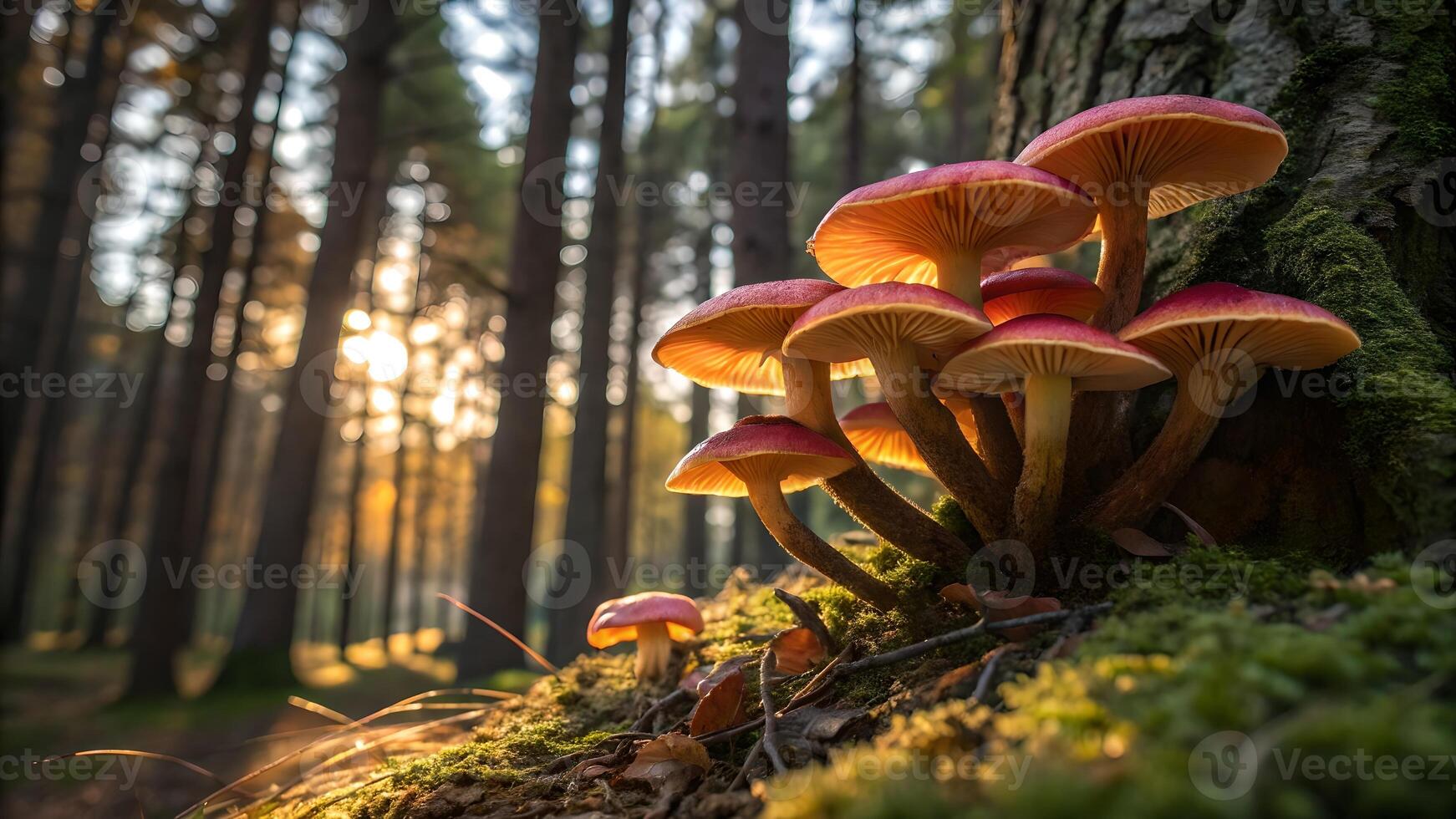 Mushrooms in Forest with Sunlight for Nature Lovers and Photography Enthusiasts, Beautiful Fungi Growing on Tree Trunk, Magical Woodland Scene, Perfect for Nature Backgrounds photo