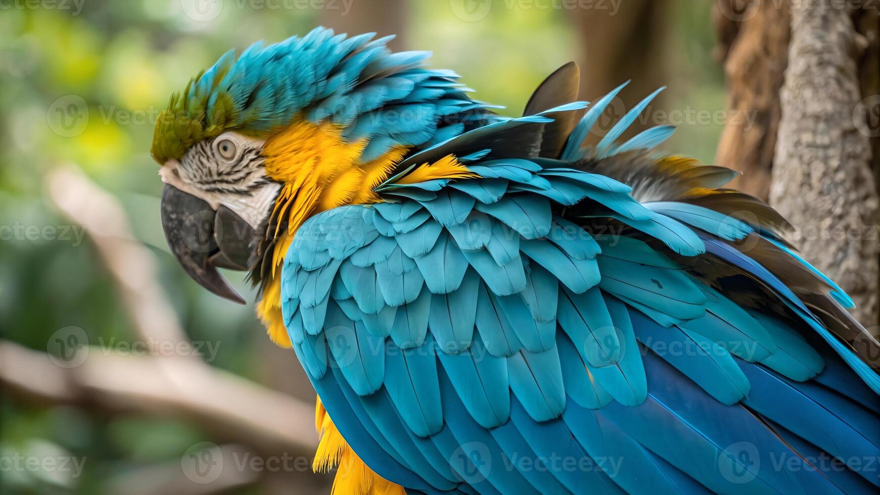 Vibrant Blue Macaw Parrot Close-Up in Lush Forest for Nature Enthusiasts and Wildlife Photography Projects photo