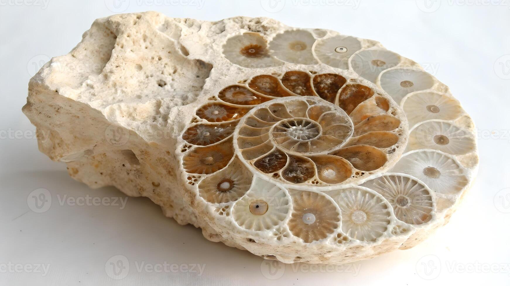 Fossilized Ammonite Detailed Close-Up for Educational Use, Natural History Specimen with Intricate Patterns Ideal for Science Enthusiasts and Collectors photo
