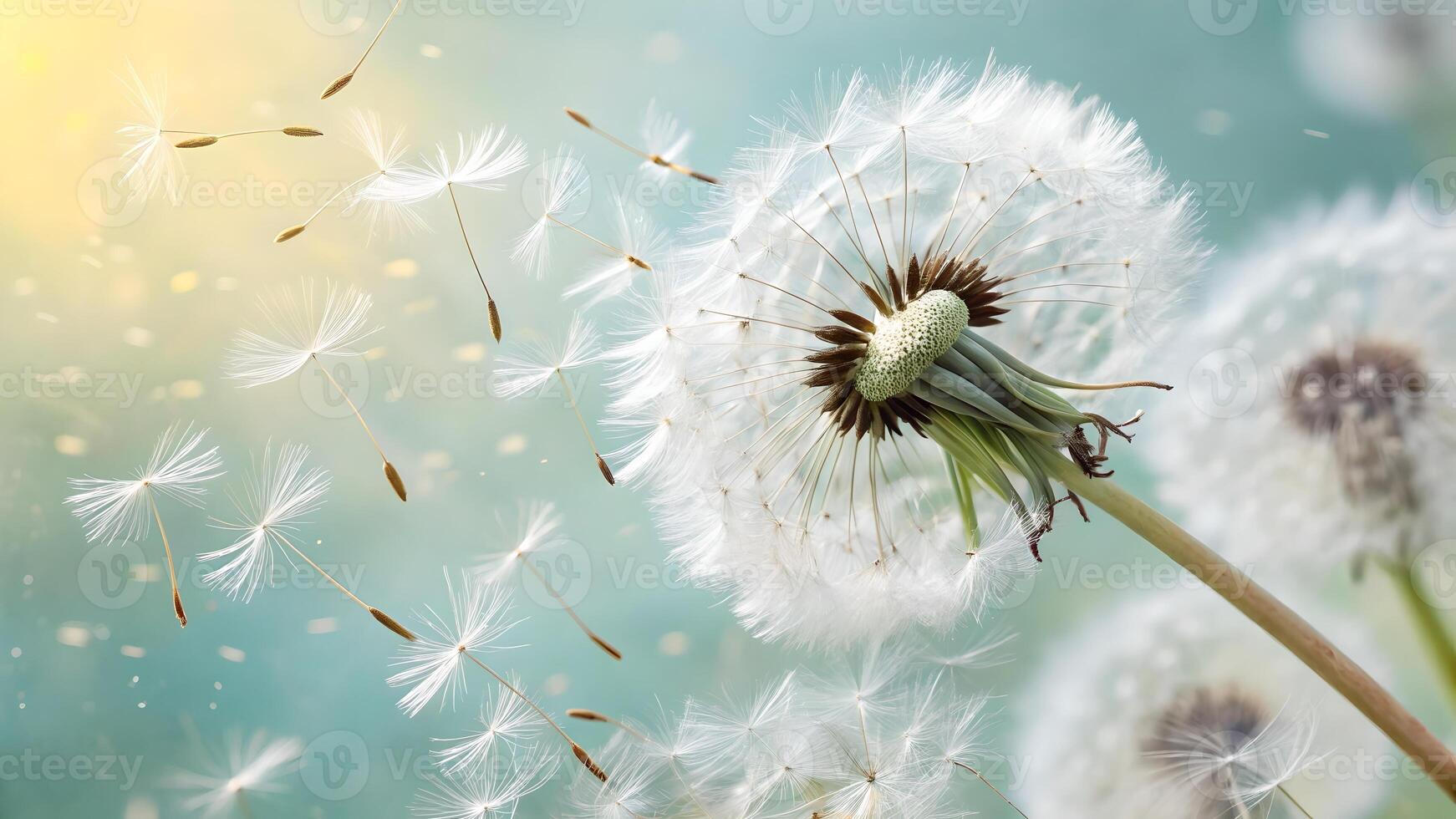 Dandelion seeds gently floating in a serene blue sky, perfect for nature enthusiasts and photographers seeking tranquil imagery photo