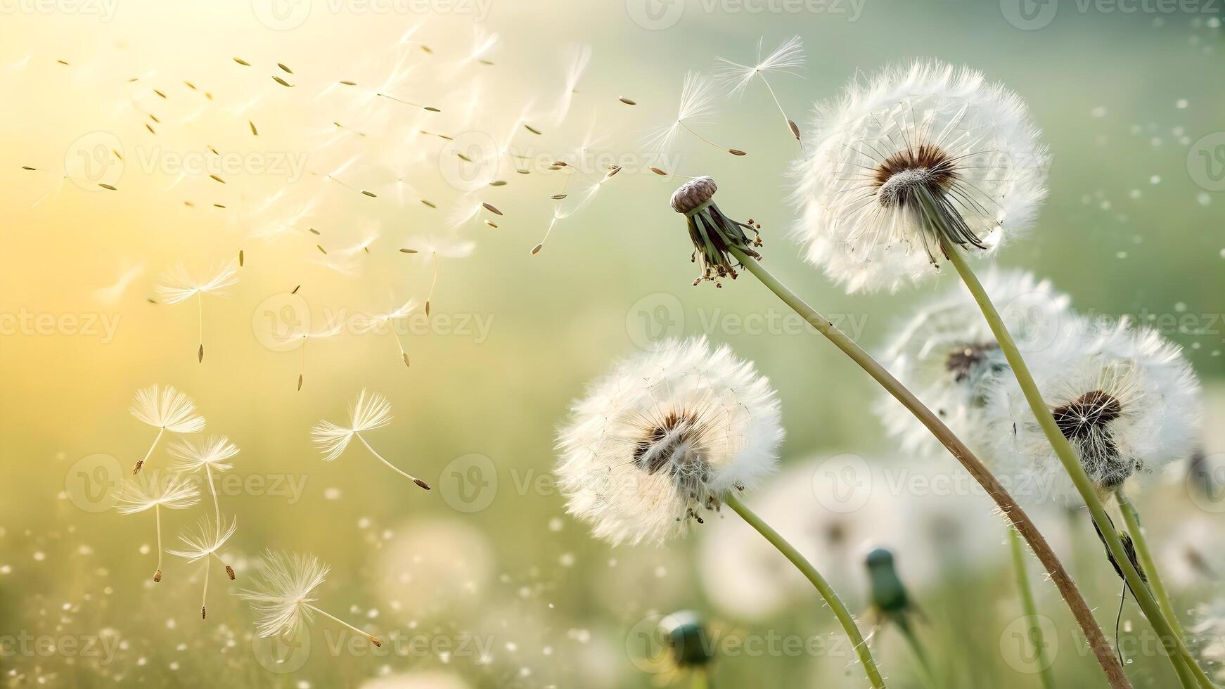 Dandelion seeds gently floating in the breeze, capturing nature's magic for photographers and designers seeking serene floral imagery photo