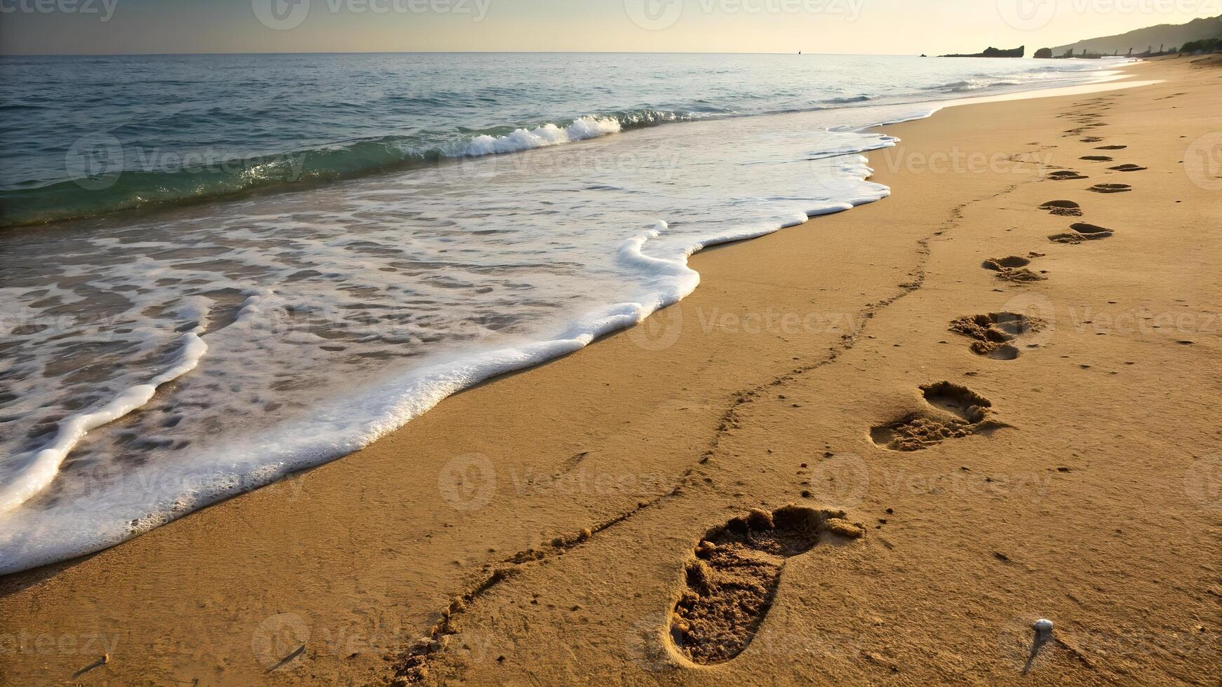 Footprints on sandy beach at sunset, serene ocean waves, perfect for travel blogs and vacation planners photo