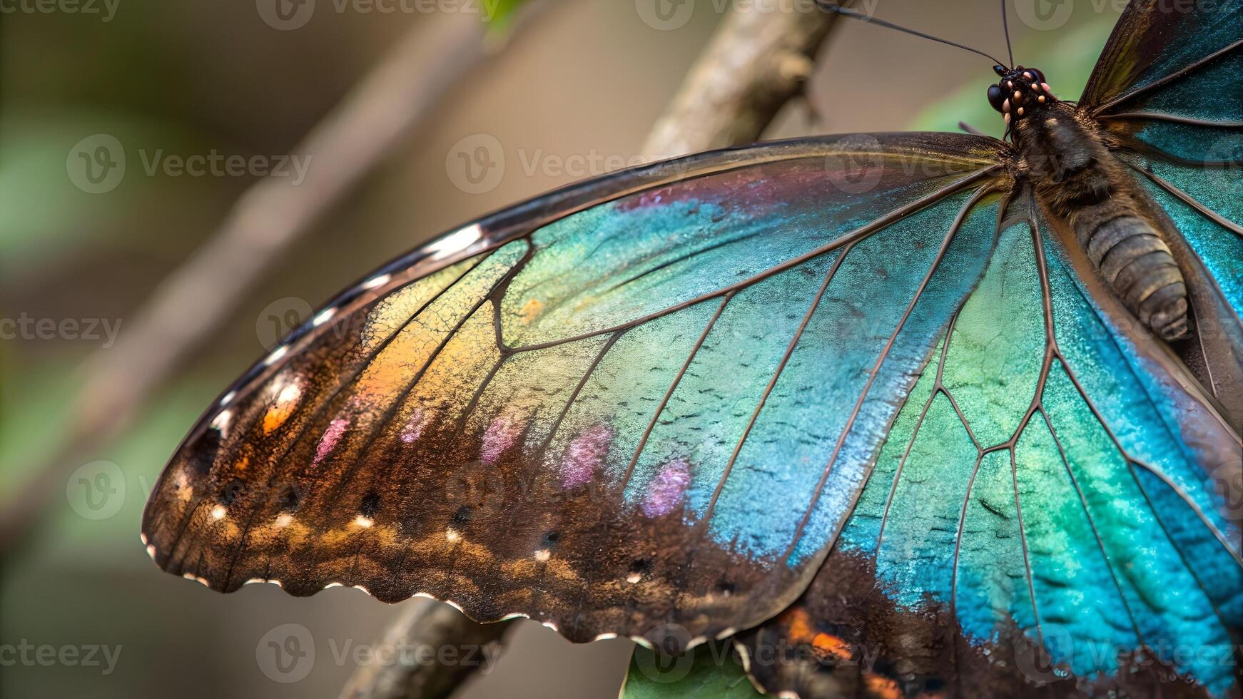 Vibrant Blue Morpho Butterfly Close-Up in Natural Habitat for Nature Enthusiasts and Wildlife Photographers photo