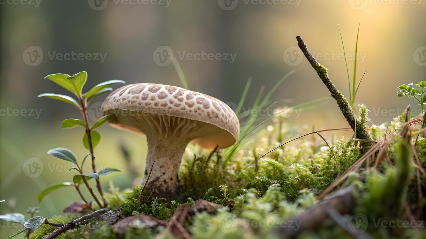 Mushroom in Forest Floor Close-Up for Nature Lovers and Botanical Enthusiasts Discovering the Beauty of Wild Fungi in Their Natural Habitat with Soft Lighting and Detailed Texture photo