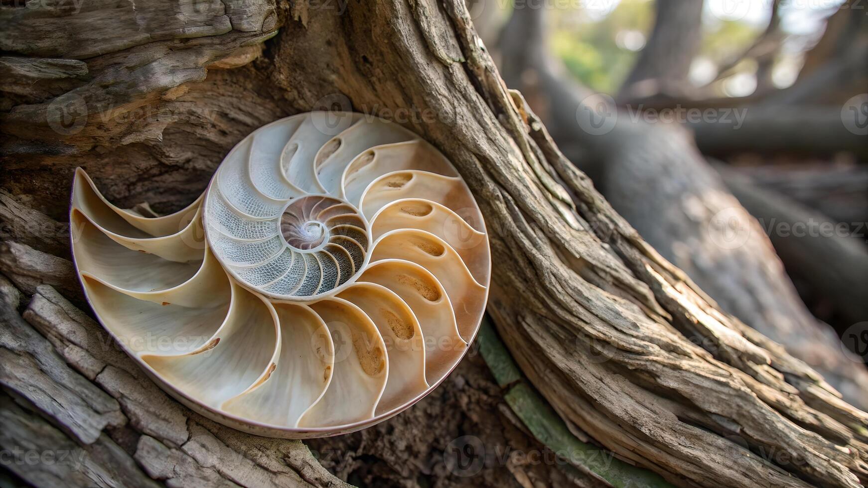 Nautilus Shell Intricate Spiral Design on Tree Bark for Nature Lovers and Photography Enthusiasts photo