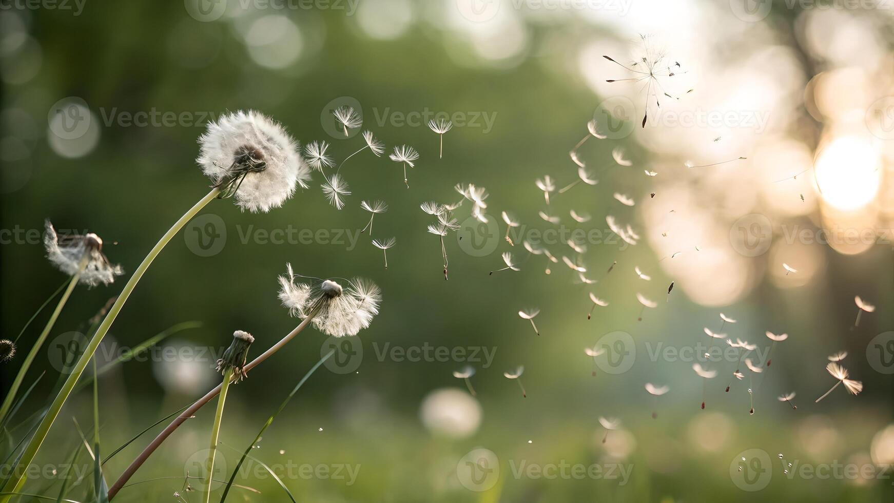 Dandelion seeds gently floating in the serene sunset sky, perfect for nature enthusiasts and photographers seeking tranquil moments photo