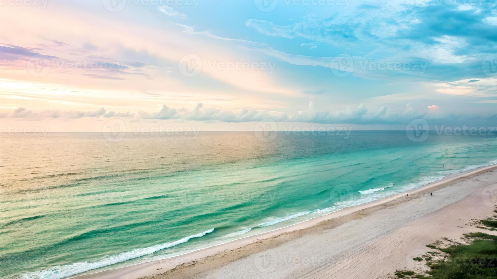Serene beach sunset with calm waves and soft sand perfect for travel websites and vacation planners seeking stunning coastal imagery to inspire wanderlust photo