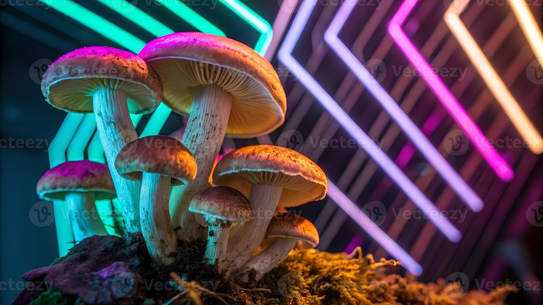 Mushrooms glowing neon lights futuristic scene for creative designers and artists exploring unique visual elements in their projects photo