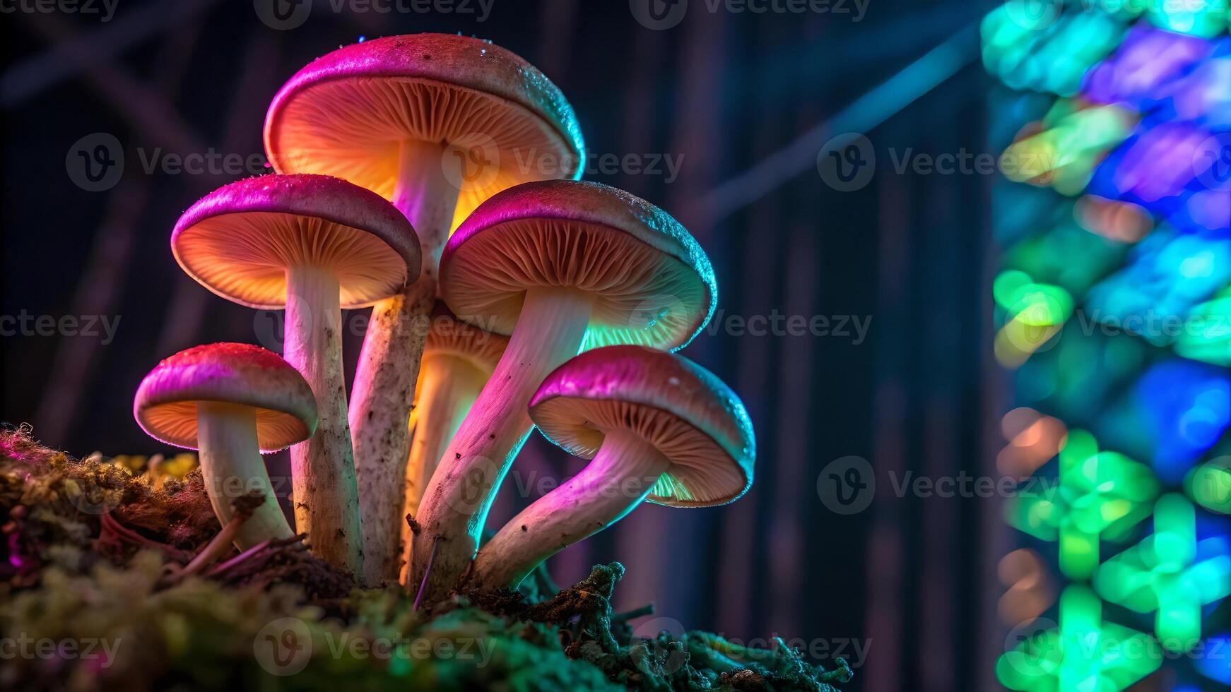 Mushrooms glowing neon colors in forest setting for nature enthusiasts and photographers seeking unique visuals photo