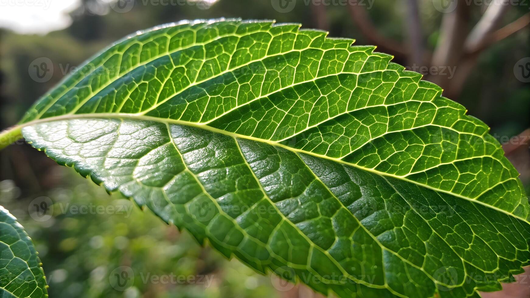 Close-up of vibrant green leaf with intricate veins in natural setting for nature enthusiasts and photographers photo