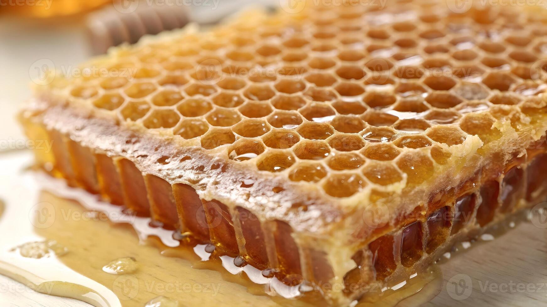 Honeycomb with dripping honey on wooden table for food bloggers and recipe creators, perfect for culinary content and natural sweetness enthusiasts photo