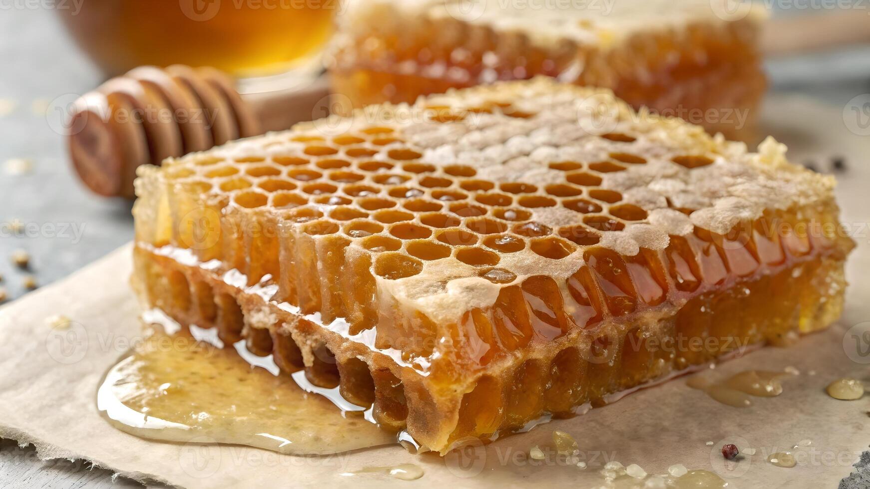 Delicious Honeycomb Dripping Sweetness on Parchment Paper for Food Bloggers and Recipe Creators photo