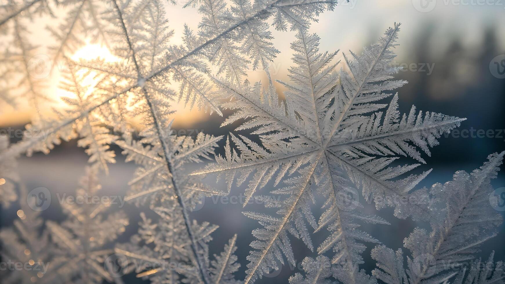 Frosty Snowflake Patterns on Window Glass in Winter Sunrise for Nature Lovers and Seasonal Decor Enthusiasts photo