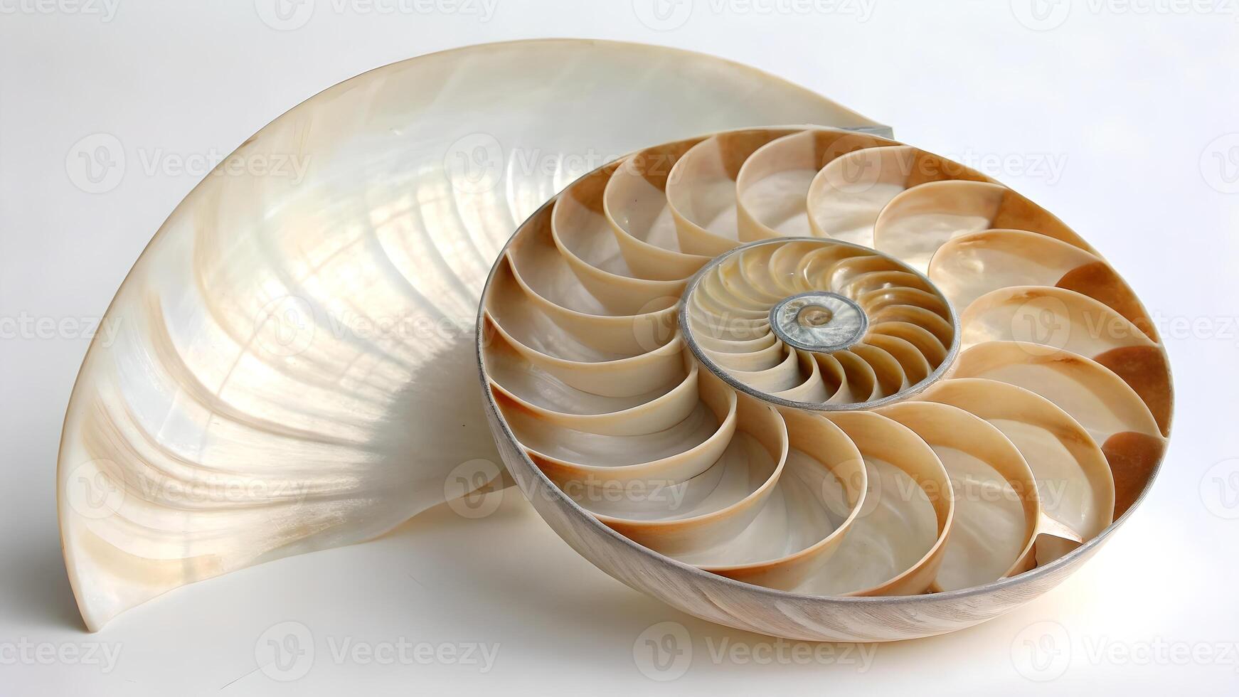 Nautilus Shell Detailed Spiral Structure on White Background for Nature Enthusiasts and Designers Seeking High-Quality Stock Images of Ocean Life and Natural Patterns photo