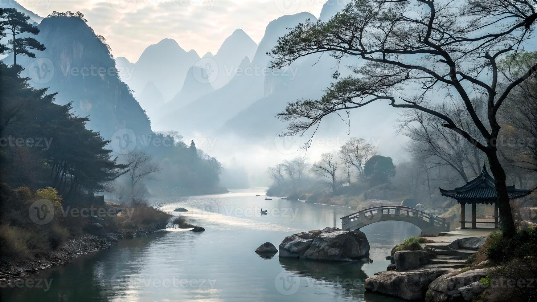 Mystical mountain river scene with serene bridge and foggy landscape for travel enthusiasts exploring natural beauty in Asia photo