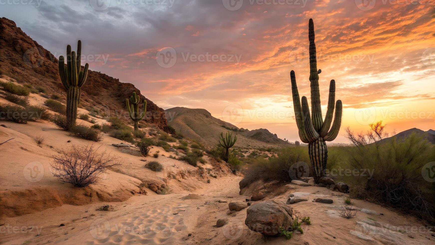 Cactus Sunset Landscape in Vibrant Desert Colors for Nature Enthusiasts and Travel Bloggers photo