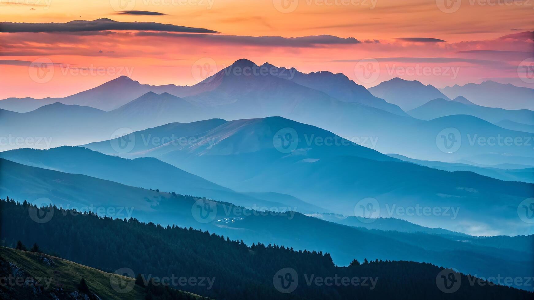 Mountain Range at Sunset with Vibrant Colors for Nature Lovers and Landscape Photography Enthusiasts photo