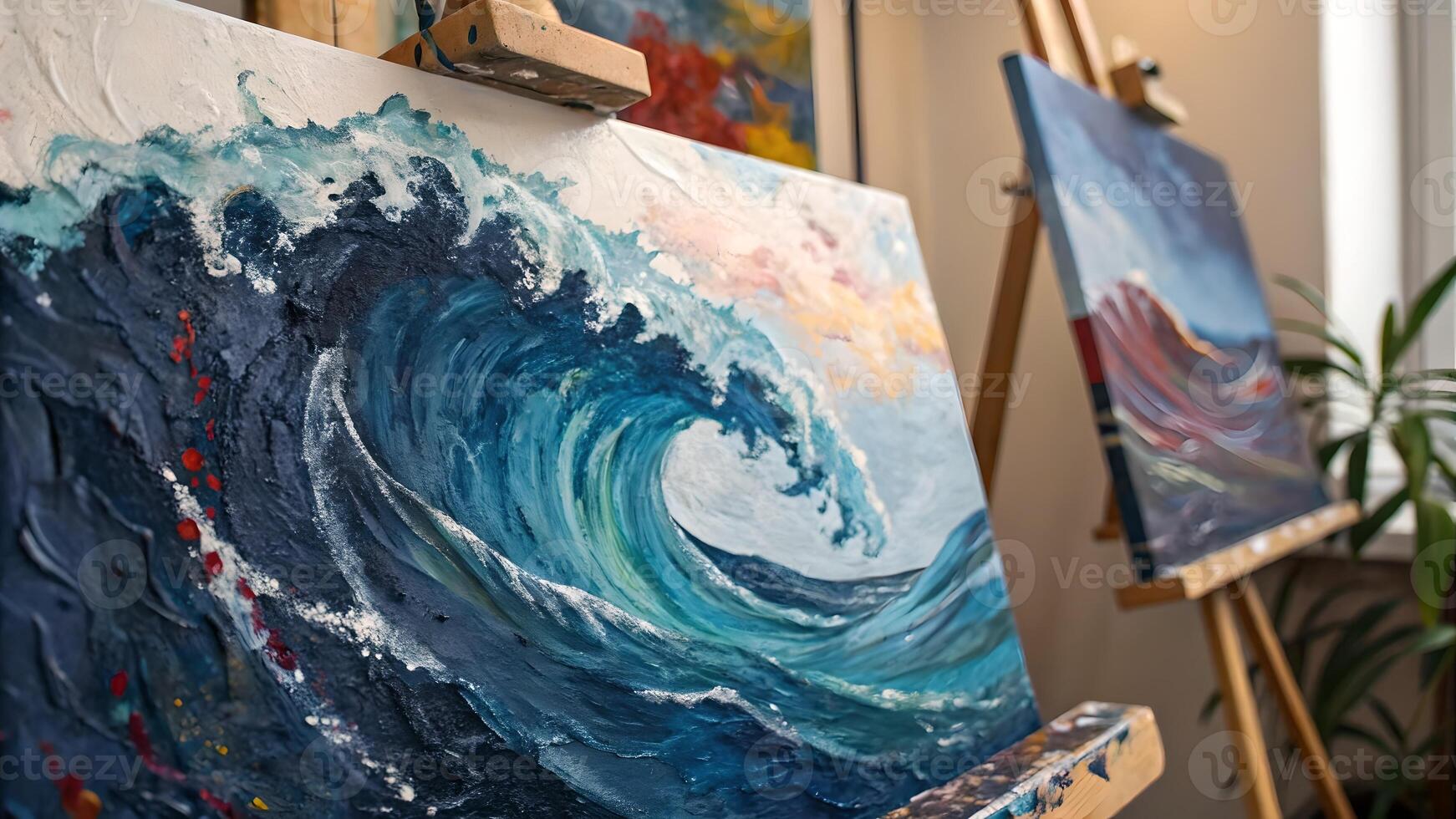 Ocean Wave Painting Vibrant Studio Scene for Art Lovers and Home Decor Enthusiasts photo