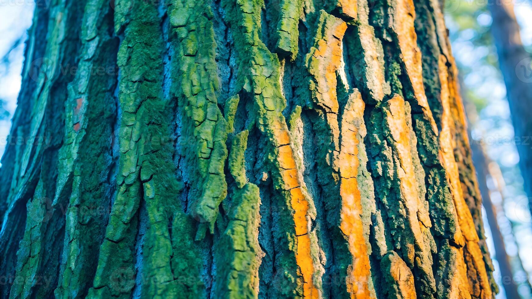 Tree bark vibrant colors nature photography for designers and artists. Close-up of tree trunk with striking hues perfect for creative projects and natural backgrounds. photo