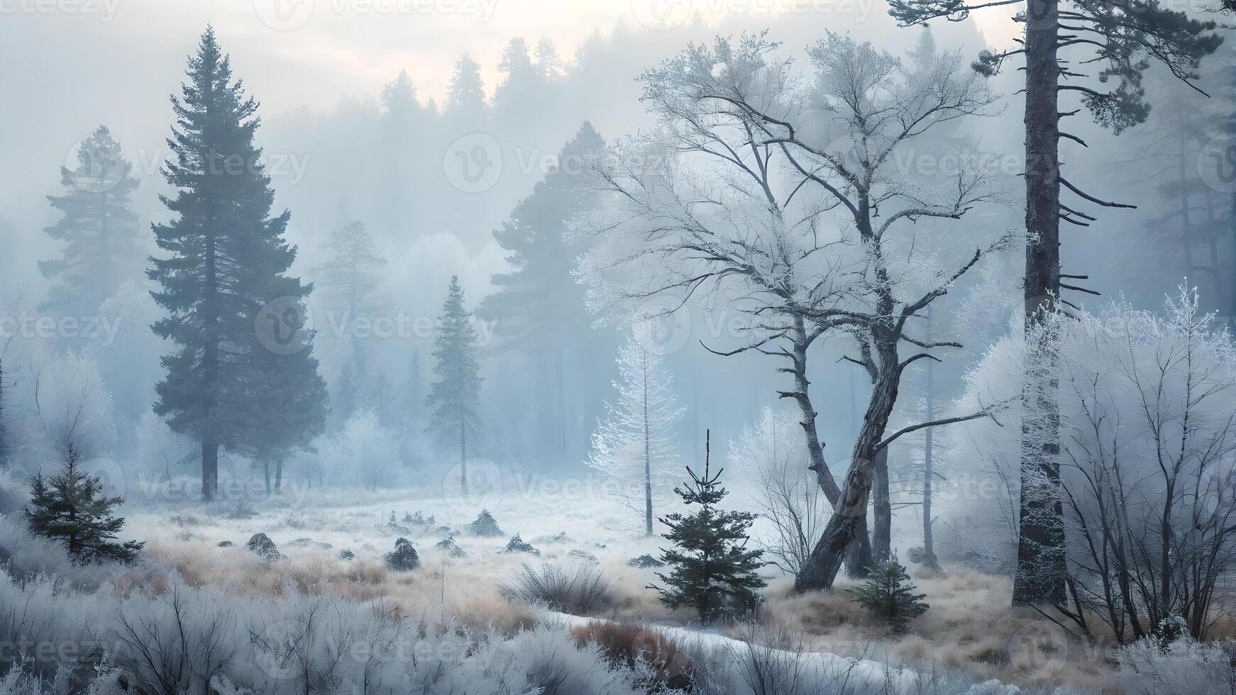 Frosty Winter Landscape with Snow-Covered Trees in a Serene Forest for Nature Lovers and Photography Enthusiasts photo