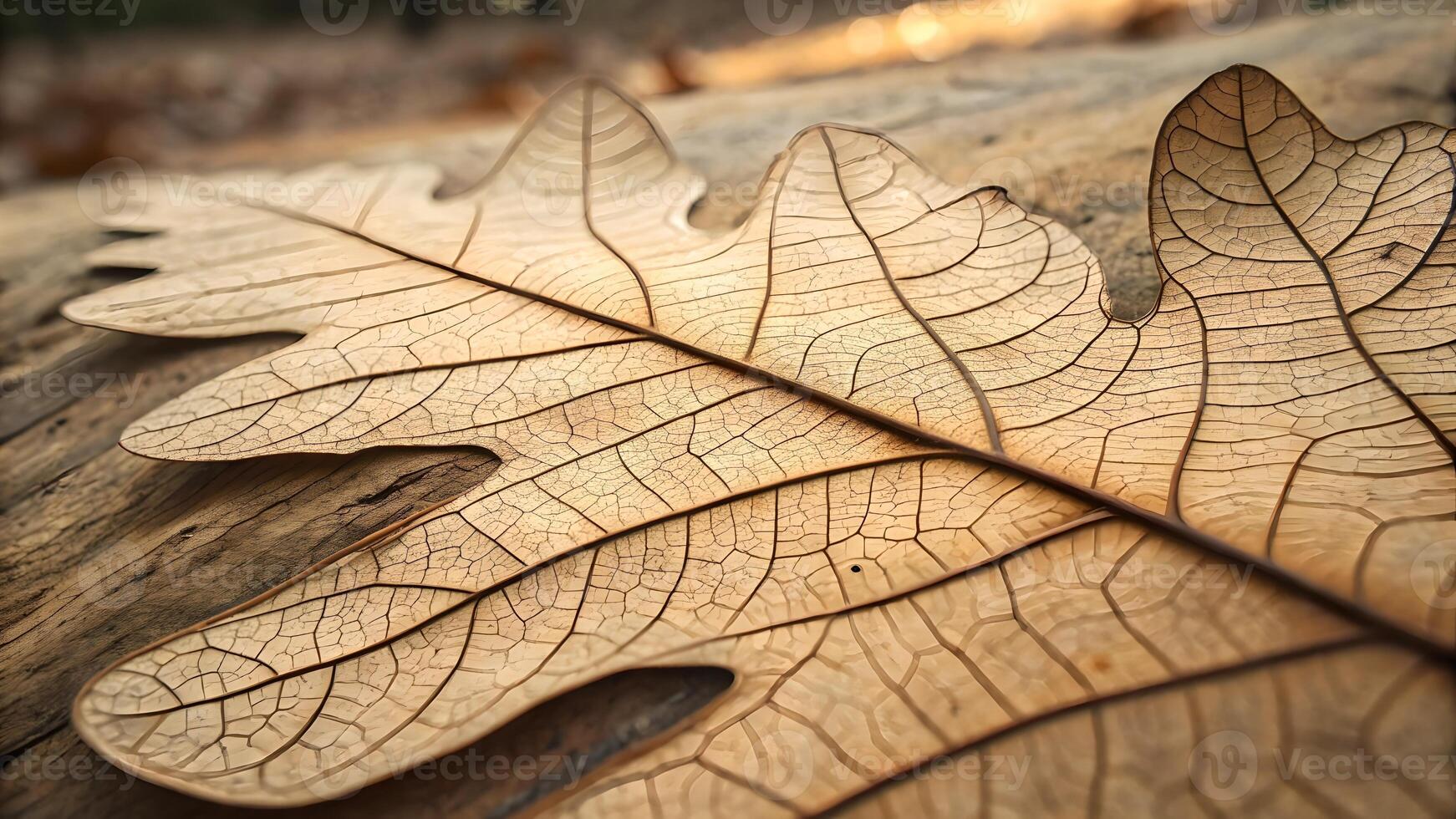 Dried Oak Leaf Detailed Texture on Wooden Surface for Nature Lovers and Designers Seeking High-Quality Botanical Photography photo