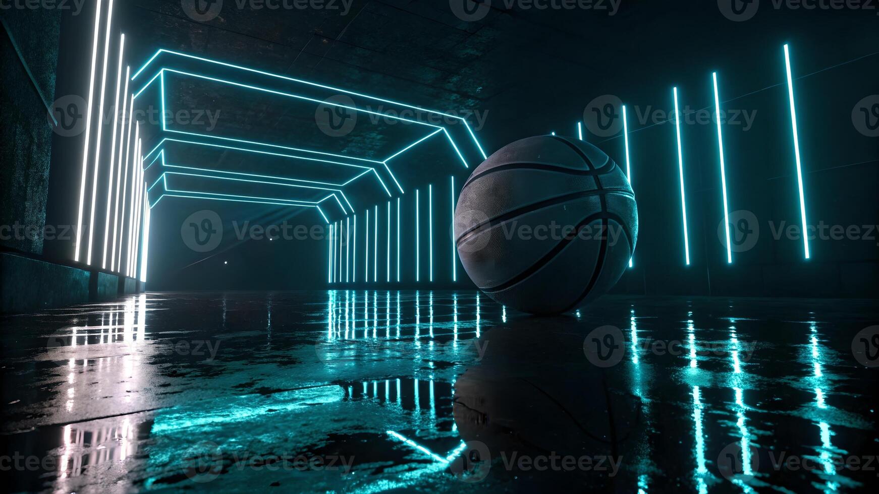 Glowing Basketball in Futuristic Neon Tunnel for Sports Enthusiasts and Designers, Perfect for Modern Sport Themes and Creative Projects photo