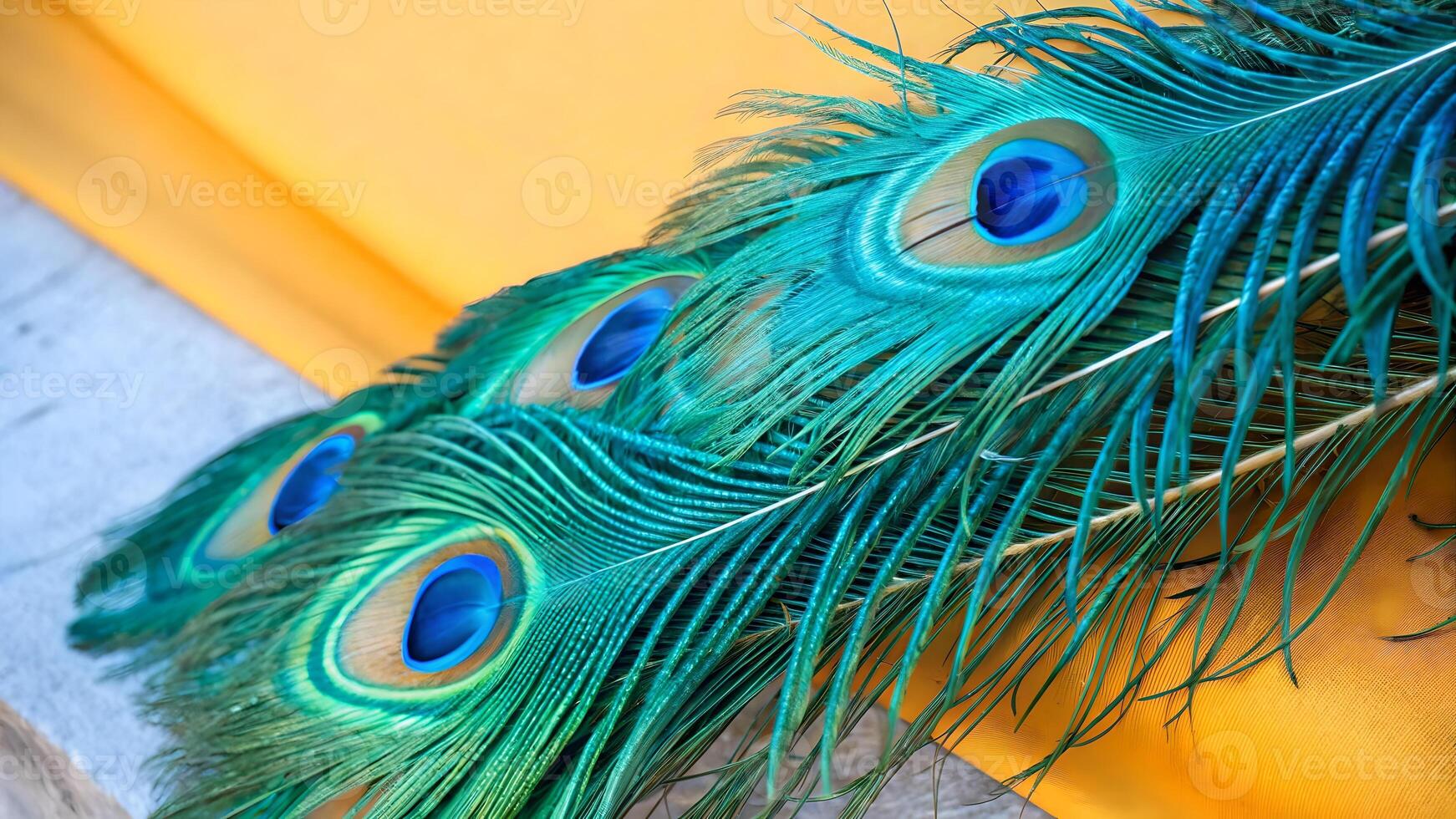 Peacock Feathers Vibrant Colors on Yellow Background for Nature Enthusiasts and Designers Seeking High-Quality Stock Images photo