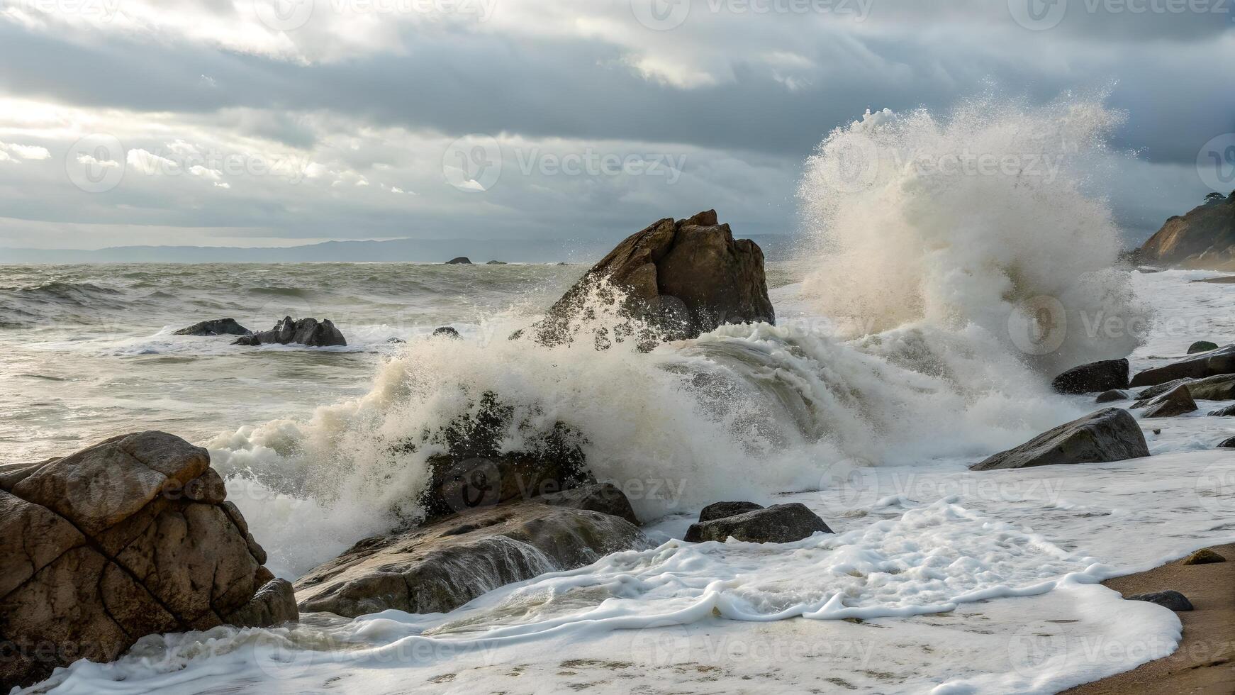 Powerful ocean waves crashing against rugged rocks under dramatic sky for nature enthusiasts photo