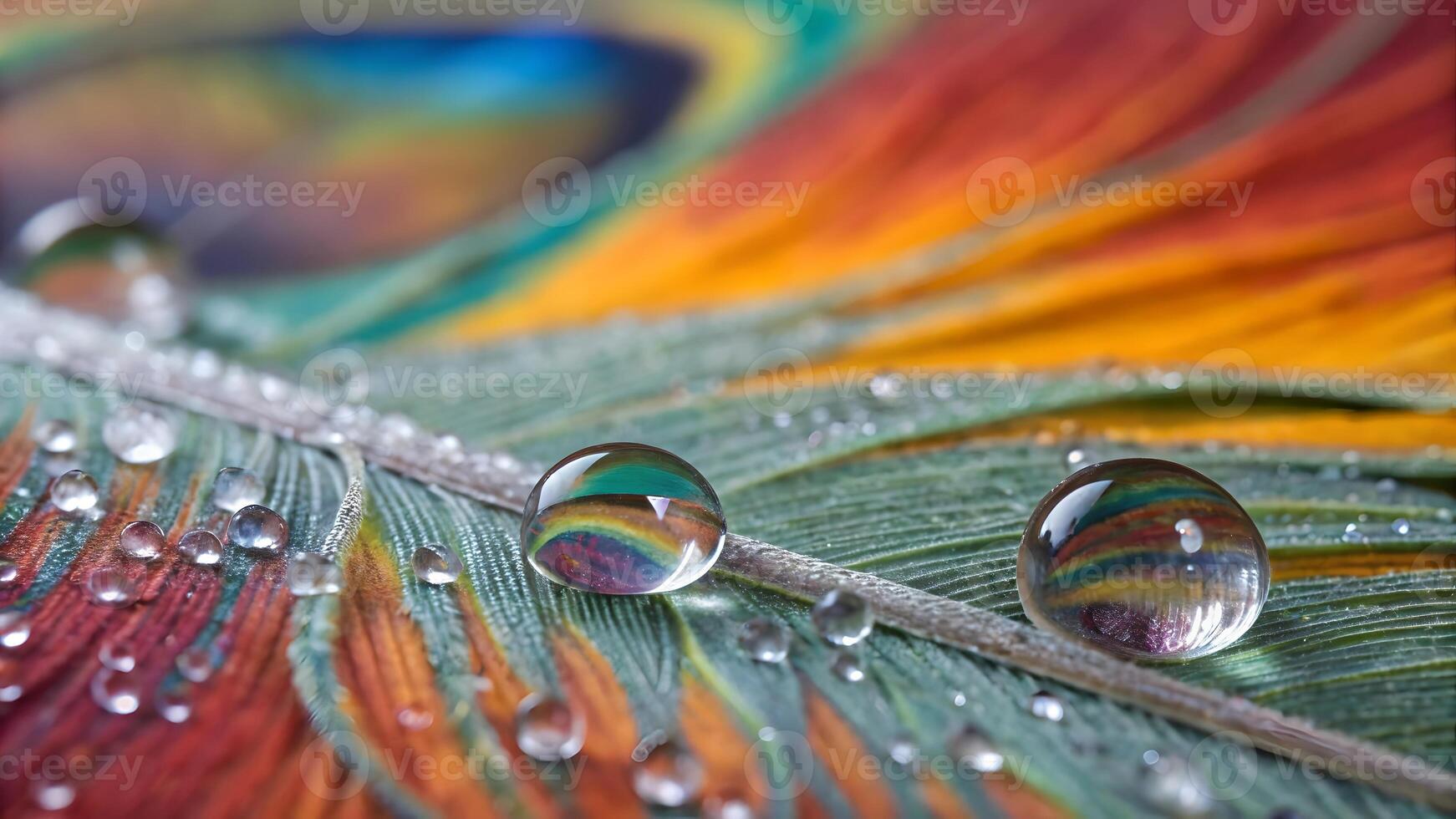 Vibrant Peacock Feather with Dew Drops Close-Up for Nature Enthusiasts and Designers Seeking High-Quality Stock Images of Wildlife and Botanical Elements photo