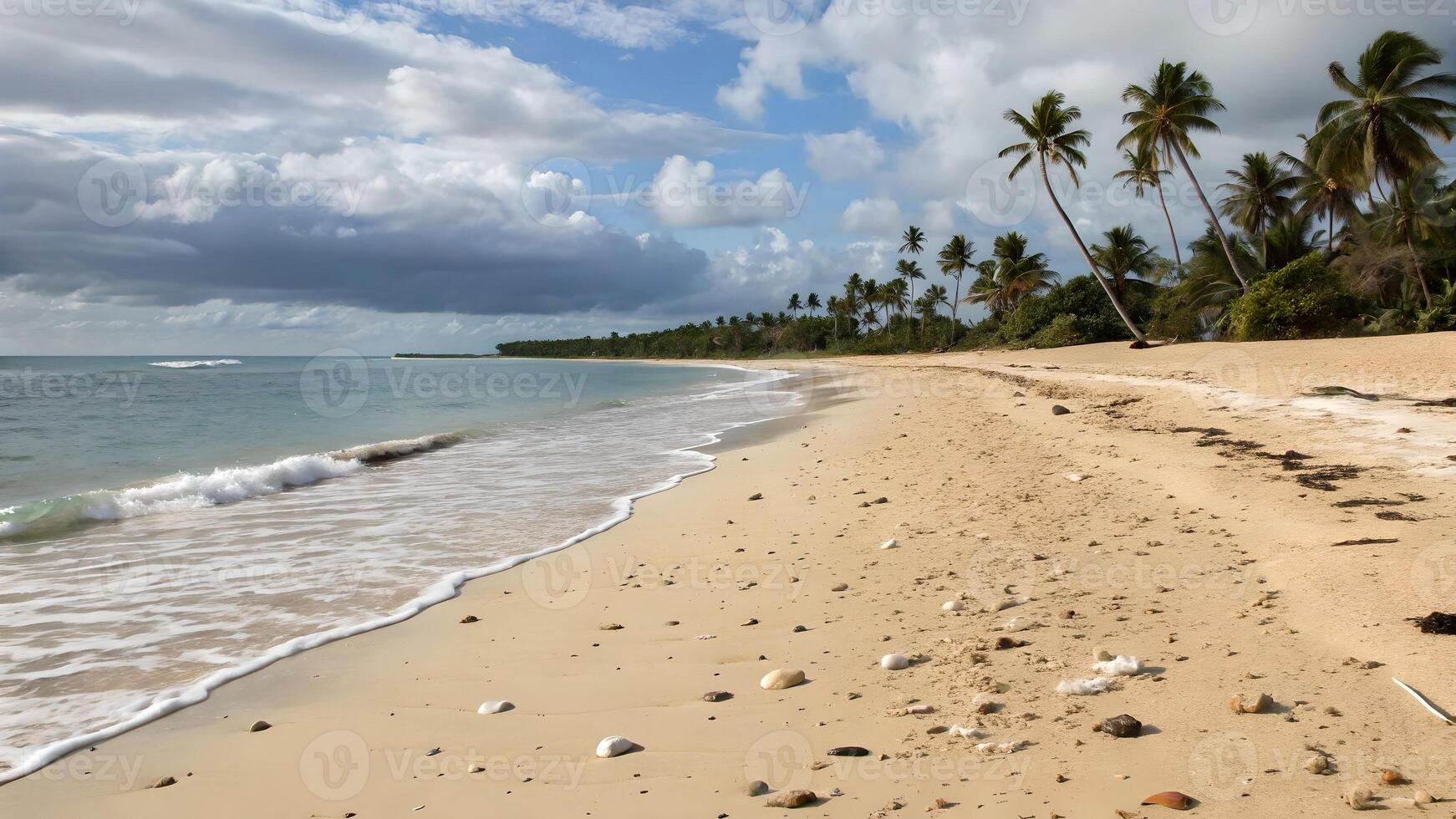 Tropical Beach Serene Landscape with Palm Trees and Ocean Waves for Travel Brochures and Vacation Websites photo