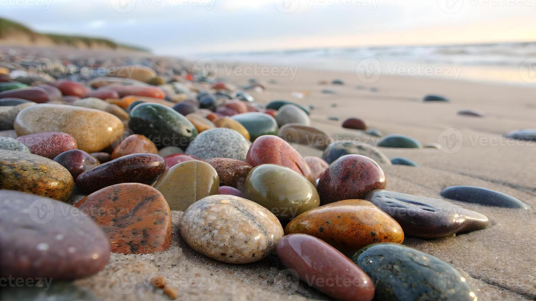 Smooth pebbles glistening on sandy beach, serene ocean view for nature lovers and photographers seeking tranquil coastal scenes photo