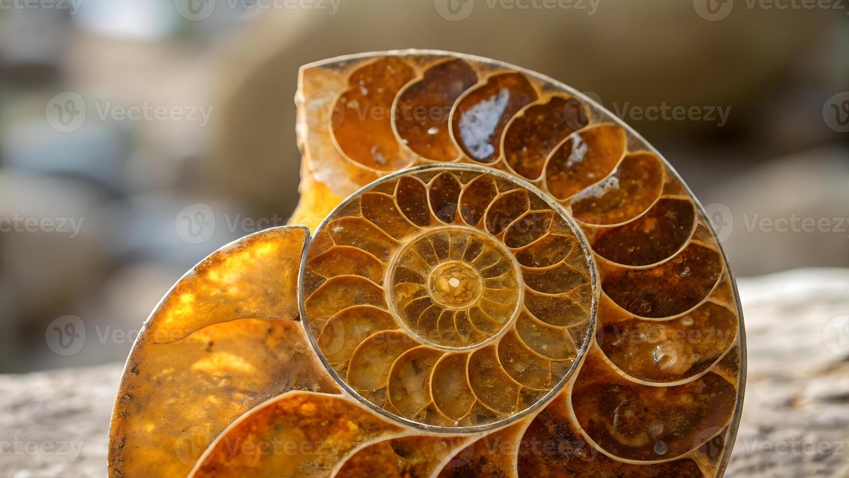 Ammonite Fossil Detailed Close-Up for Nature Enthusiasts and Educational Purposes, Featuring Intricate Spiral Patterns and Natural Beauty in a Museum Display Setting photo
