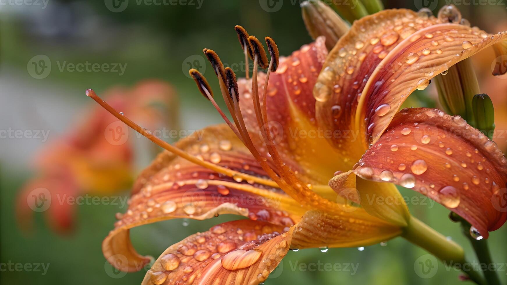 Vibrant Orange Lily with Dew Drops in Garden Setting for Nature Lovers and Floral Designers Seeking High-Quality Botanical Photography photo