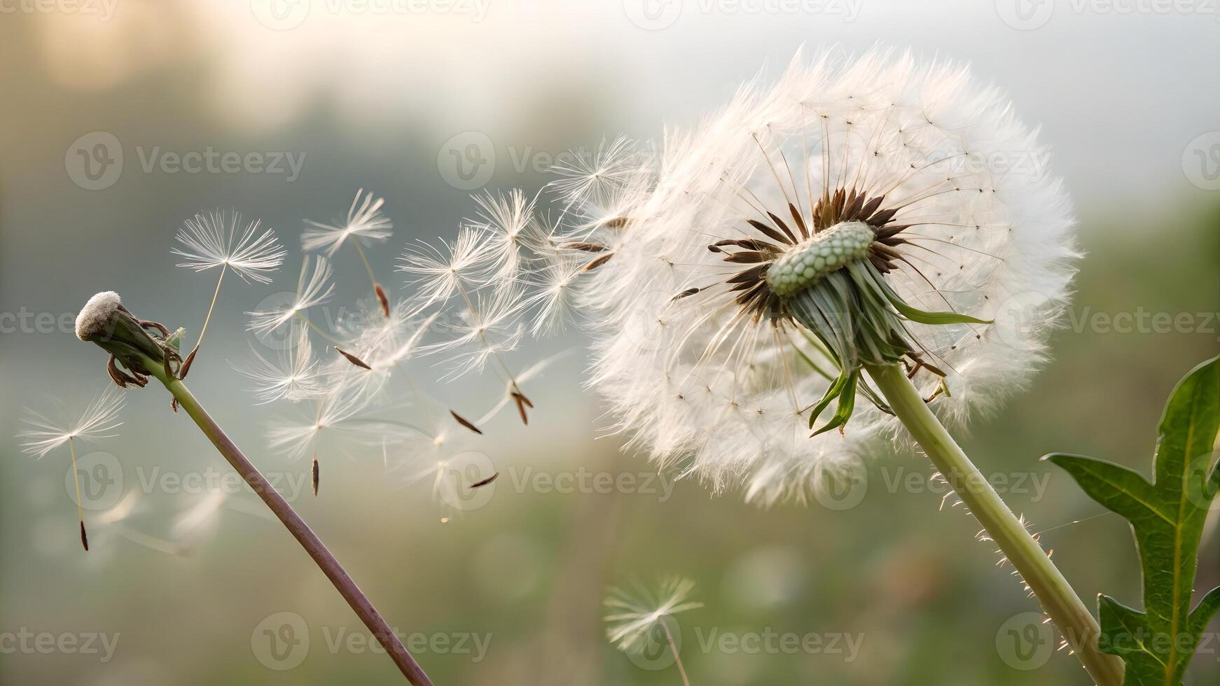Dandelion seeds gently floating in the breeze, captured in stunning detail for nature enthusiasts and photographers seeking serene floral imagery photo