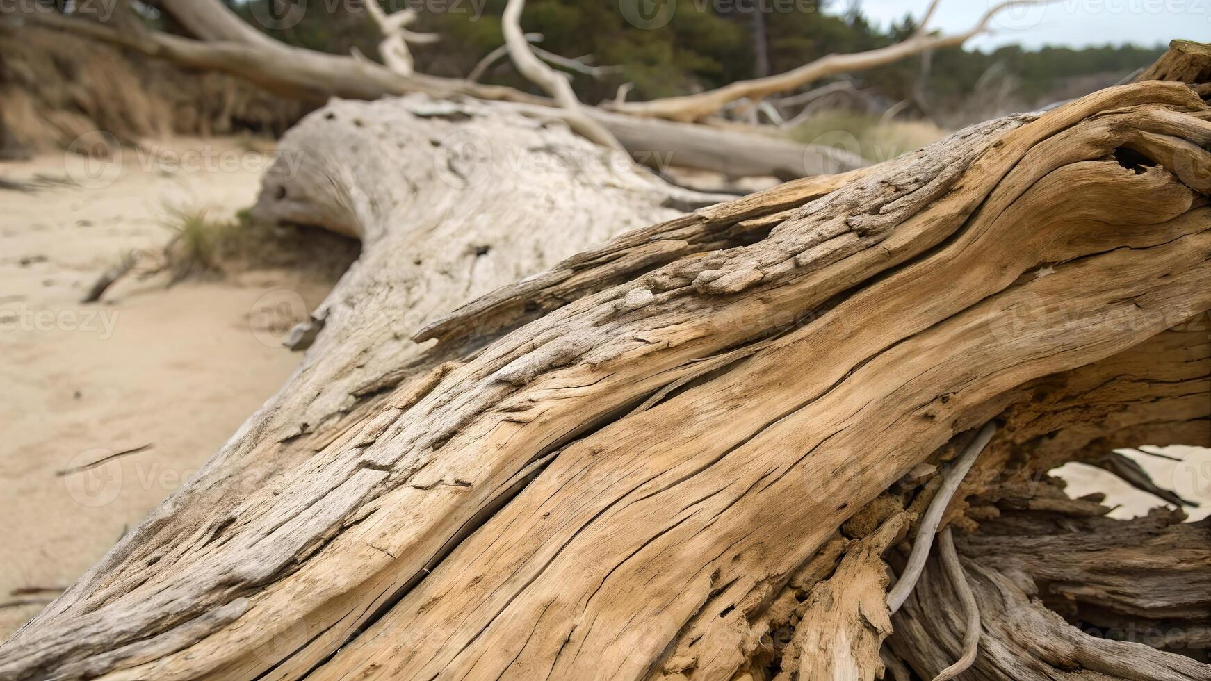 Driftwood on sandy beach, weathered texture, coastal landscape, perfect for nature enthusiasts and photographers seeking serene ocean scenery photo