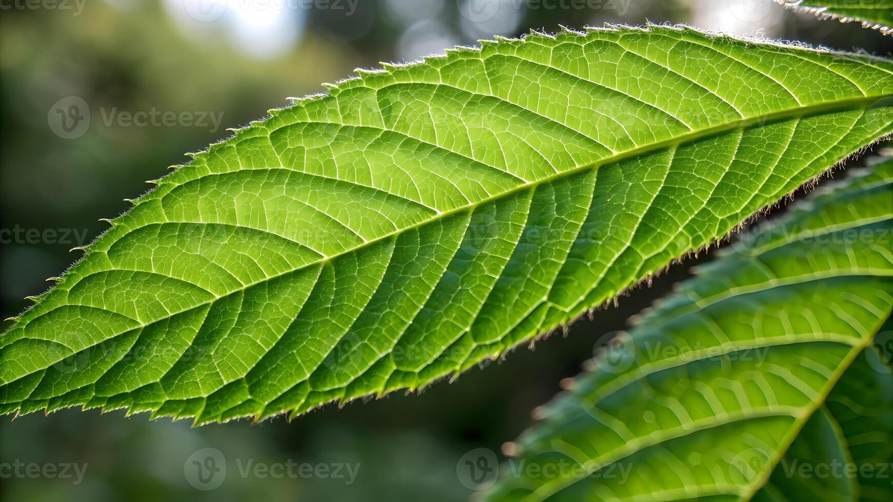 Close-up of vibrant green leaf showcasing intricate vein patterns in natural sunlight for nature enthusiasts and photographers photo