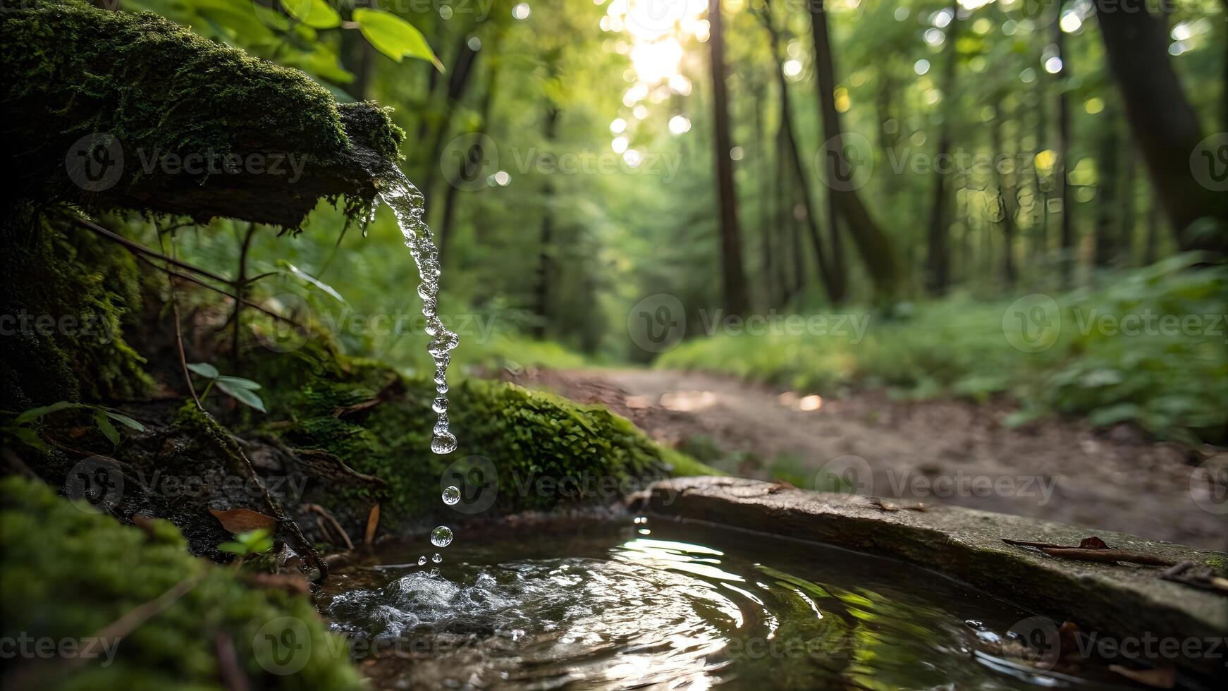Mossy Log Waterfall in Enchanted Forest for Nature Lovers and Travel Bloggers Discovering Serene Outdoor Adventures with Sunlit Pathways and Crystal Clear Streams photo