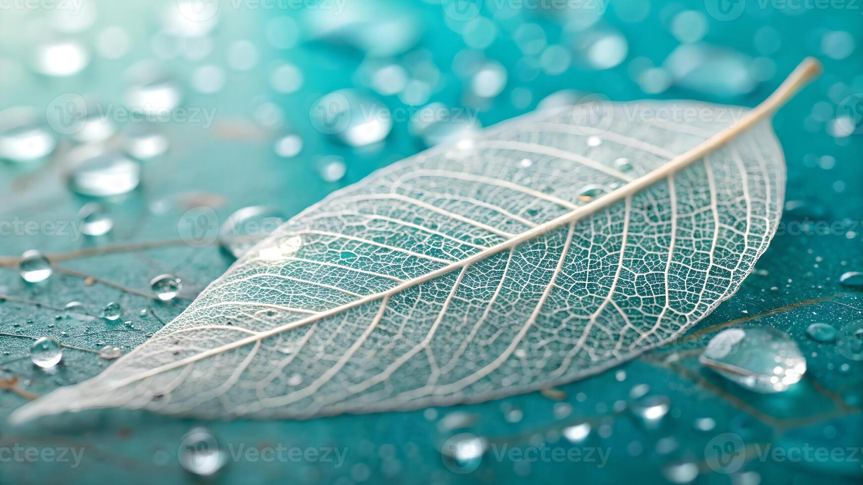 Delicate Leaf Skeleton with Water Droplets on Teal Background for Nature Lovers and Designers Seeking High-Quality Botanical Photography photo