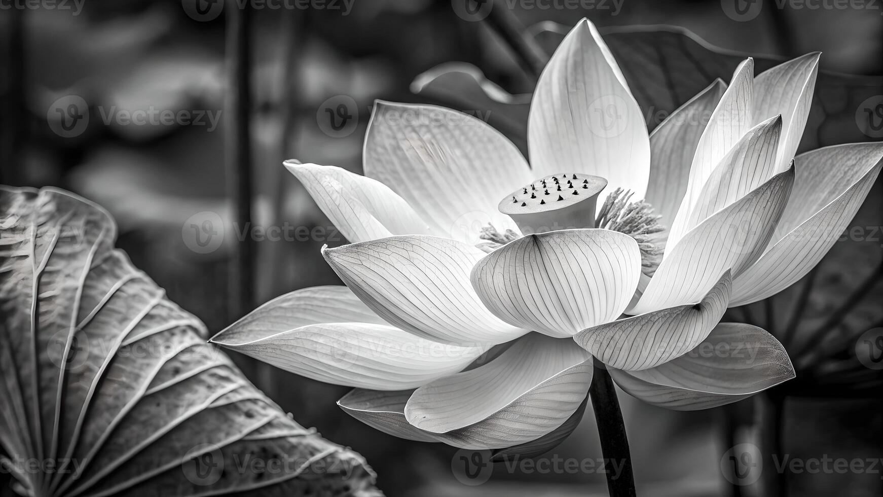 Black and White Lotus Flower Stunningly Detailed in Serene Garden for Nature Lovers and Photographers Seeking Tranquil Beauty photo