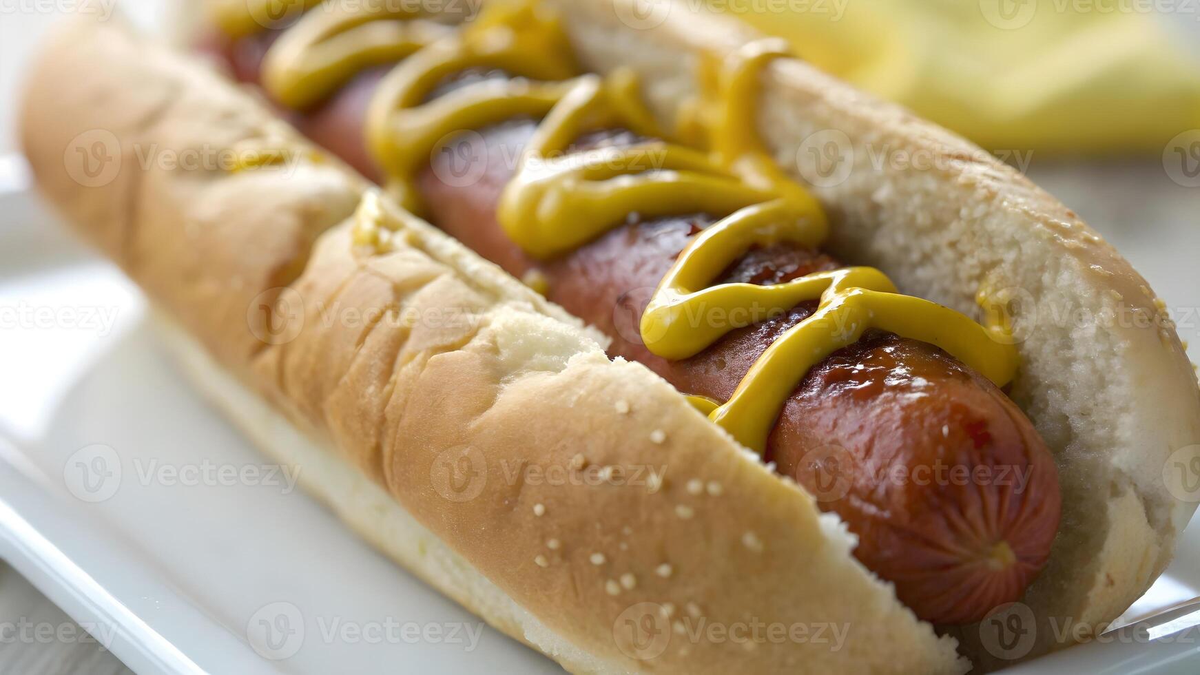 Delicious Hot Dog with Mustard Topping on White Plate for Food Bloggers and Recipe Writers photo