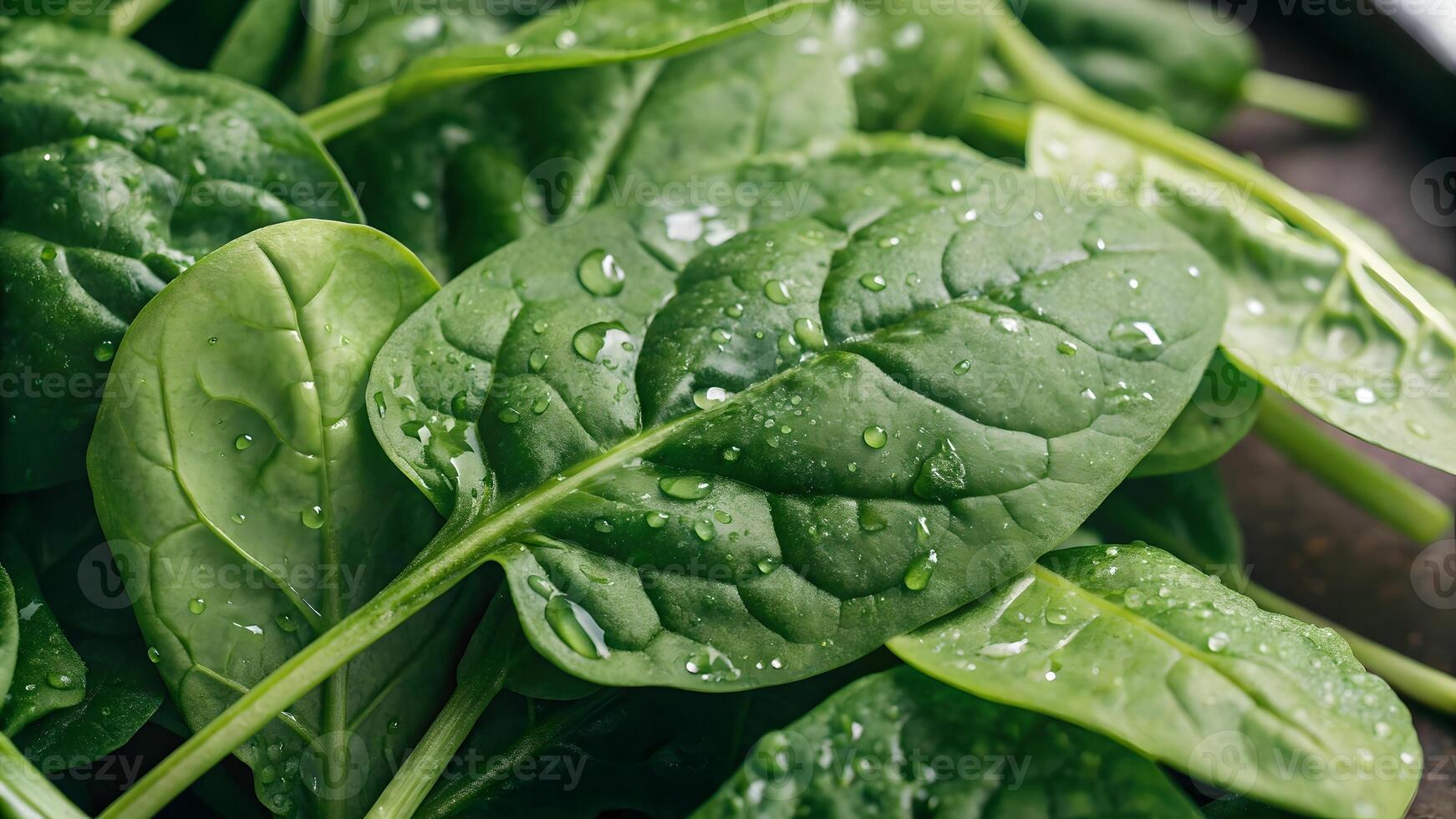 Fresh spinach leaves glistening with dew drops in a close-up shot for health enthusiasts and food bloggers seeking vibrant, natural images to enhance their content on nutrition and wellness. photo